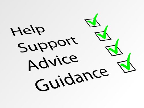 HELP SUPPORT ADVICE GUIDANCE vector questionnaire with check boxes ticked